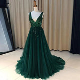 A Line V-Neck Backless Dark Green Tulle Prom Dresses with Sequins PH696