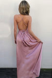 A Line V-Neck Blush Pink Satin Floor Length Prom Dress with Split PW12