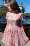 A-Line Short Sleeves Short Pink High Neck Homecoming Dress with Lace Appliques H1034