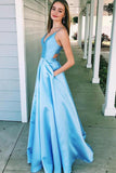 A-Line V Neck Light Blue Satin Cut Out Prom Dresses with Pockets Sleeveless PW519