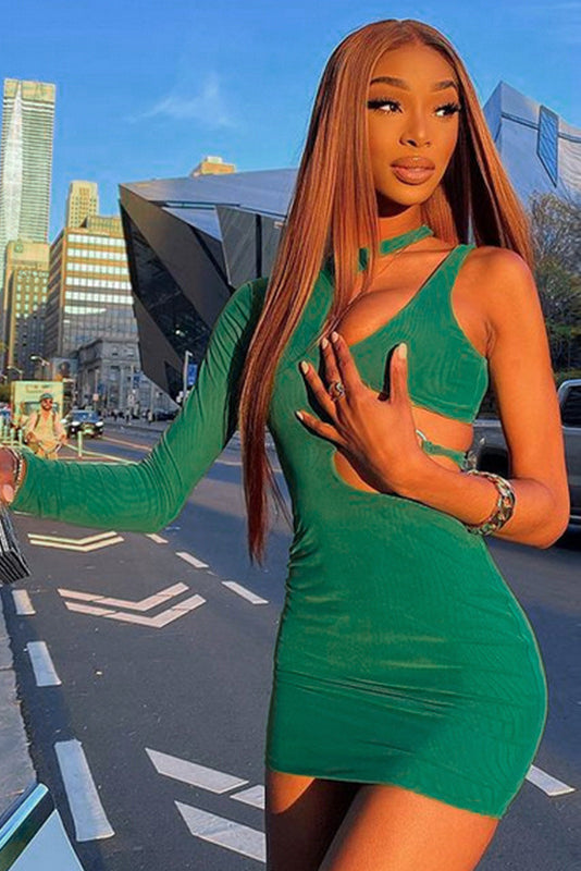 Green Sexy One Shoulder Long Sleeve Short Homecoming Dress