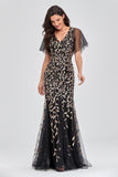 Elegant Mermaid V-Neck Black And Gold Long Prom Dresses