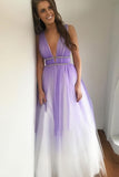 A Line Deep V-Neck Open Back Ombre Tulle Beading Prom Dress PW77