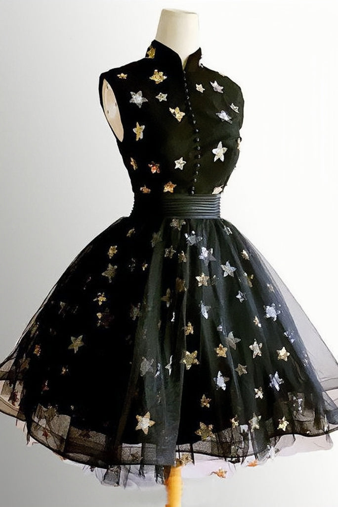 A Line High Neck Black Star Tulle Cute Homecoming Dresses H1039