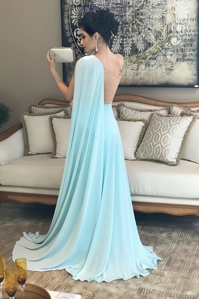 A Line One Shoulder Chiffon Formal Long Prom Dresses PW295