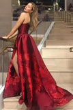 A Line Strapless Burgundy Satin Prom Dress with Appliques P1363