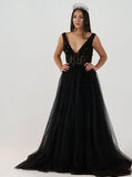 Pretty A-line Deep V-Neck Beading Tulle Prom Dress
