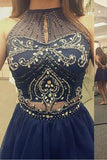 Navy Blue High Neck Halter Tulle Sleeveless Two Piece Short Homecoming Dress