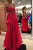 Red Bodice Chiffon Spaghetti Strap Lace Backless Long Prom Dress