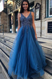 Vintage V-Neck A Line Blue Beading Tulle Long Backless Prom Dress