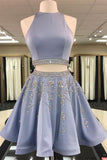 Unique Two Pieces Rhinestone Halter Open Back Short Party Dress,Homecoming Dresses uk PH916