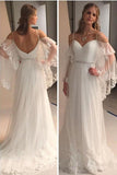 A Line Spaghetti Straps Sweetheart Lace Illusion Sleeves Backless Beach Wedding Dresses PH711