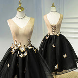 A Line Black V Neck Lace up Homecoming Dresses With Butterfly H1136