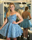 Blue A Line Lace Appliques Backless Short Prom Dresses Homecoming Dresses