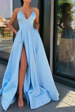 A Line Blue Satin Long Prom Dresses, V Neck High Slit Formal Evening Dresses with Pockets P1145