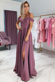 A Line Chiffon Off the Shoulder Prom Dresses, Purple Side Slit Evening Dresses PW733