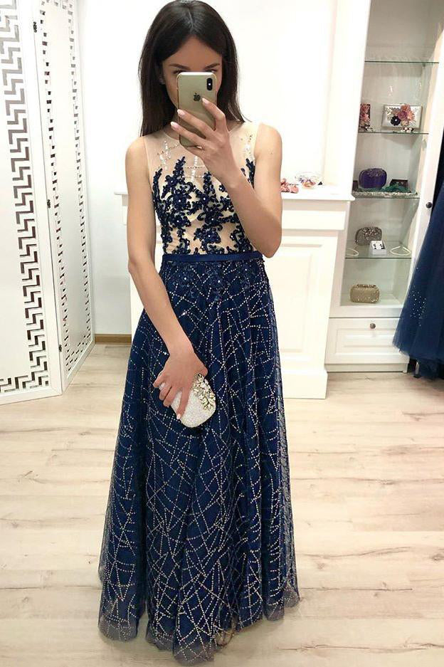 A Line Dark Blue Long Prom Dresses, Sequins Sleeveless Evening Party Dresses PW905