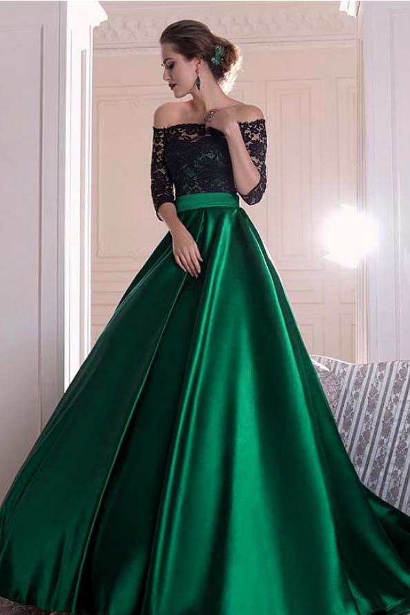 A Line Dark Green Satin Off the Shoulder 34 Sleeves Ruffles Lace Prom Dresses uk PW399