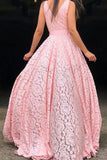 A Line Deep V-Neck Pink Lace Sleeveless Prom Dress Long Party Dance Dress P1113