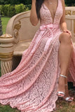 A Line Deep V-Neck Pink Lace Sleeveless Prom Dress Long Party Dance Dress P1113