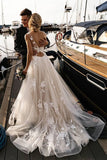 A Line Floral Appliques Beach Wedding Dresses Backless Tulle Boho Wedding Gowns PW947