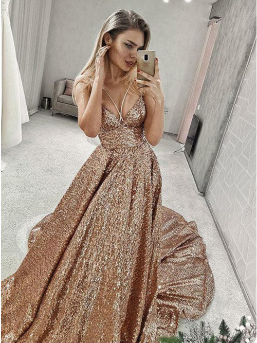 A Line Gold V-Neck Sequin Long Prom Dresses Long Evening Dresses PW849