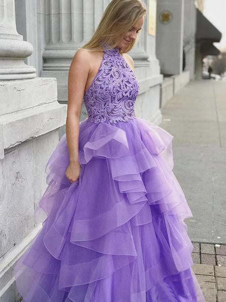 A Line High Neck Ruffles Lavender Ball Gown Prom Dresses with Appliques ...