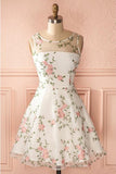 A Line Ivory Round Neck Homecoming Dress with Lace, Short Lace Prom Dresses PW842