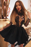 A Line Jewel Long Sleeve Black Above Knee Homecoming Dress with Appliques PW890