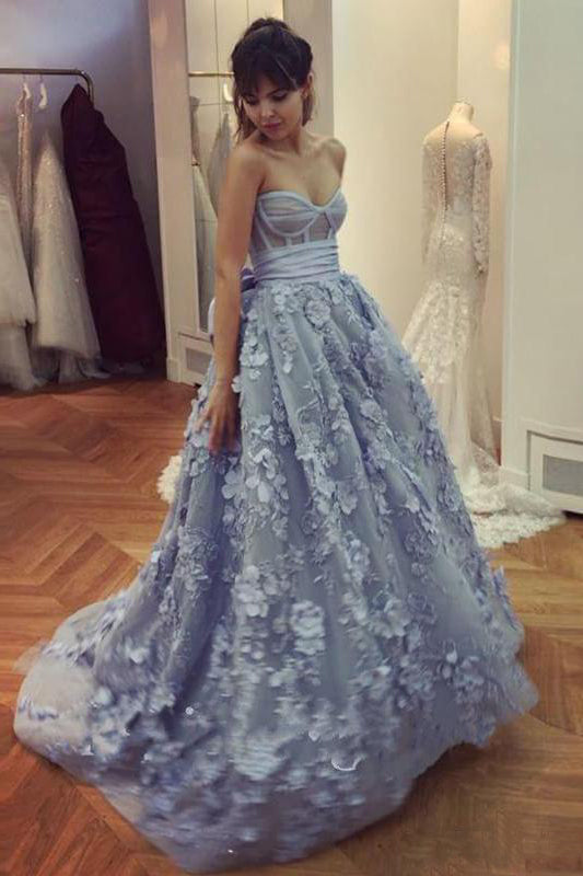 A Line Lace Appliques Sweetheart Prom Dresses, Long Blue Quinceanera Dresses PW617