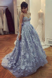 A Line Lace Appliques Sweetheart Prom Dresses, Long Blue Quinceanera Dresses PW617