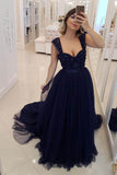 A Line Navy Blue Beaded Military Prom Dresses Tulle Straps Sweetheart Party Dresses PW744