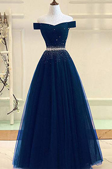 A Line Off the Shoulder Tulle Dark Blue Beads Prom Dresses Long Cheap ...