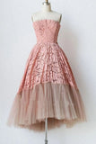 A Line Pink Lace Strapless Sleeveless Short Prom Dresses, Tulle Homecoming Dresses P1076