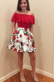 A Line Red Lace Off the Shoulder Floral Above Knee Homecoming Dresses with Pockets H1007