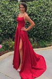 A Line Red Sexy Side Slit Spaghetti Straps Cheap Long Prom Dresses, Evening Dresses PW830