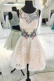 A Line Scoop Lace Sleeveless Open Back Homecoming Dresses, Flowers Short Prom Dresses H1080