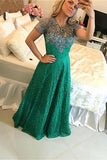 A Line Short Sleeve Green Lace Appliques Beads Prom Dresses, Floor Length Evening Dress PW931