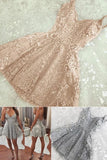 A Line Spaghetti Strap V Neck Lace Silver Homecoming Dresses, Mini Short Prom Dresses H1313