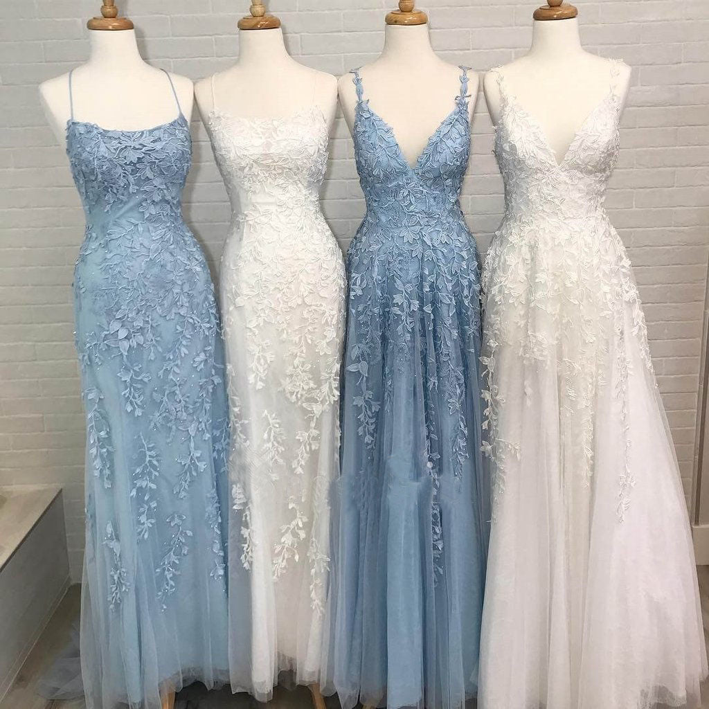 A Line Spaghetti Straps Light Blue Prom Dresses V-Neck Lace Appliques Evening Dresses PW526