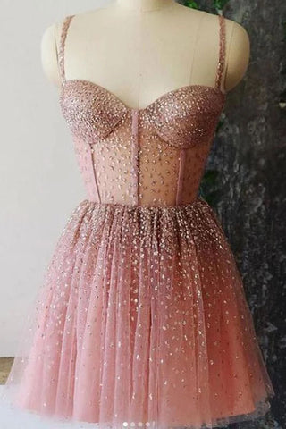 A Line Spaghetti Straps Sweetheart Tulle Beads Homecoming Dresses Short Prom Dresses H1306