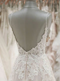 A Line Spaghetti Straps V-Neck Beach Wedding Dresses Beaded Bodice Wedding Dresses W1062