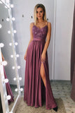 A Line Spaghetti Straps V Neck Purple Lace Side Slit Prom Dresses, Party Dresses P1002