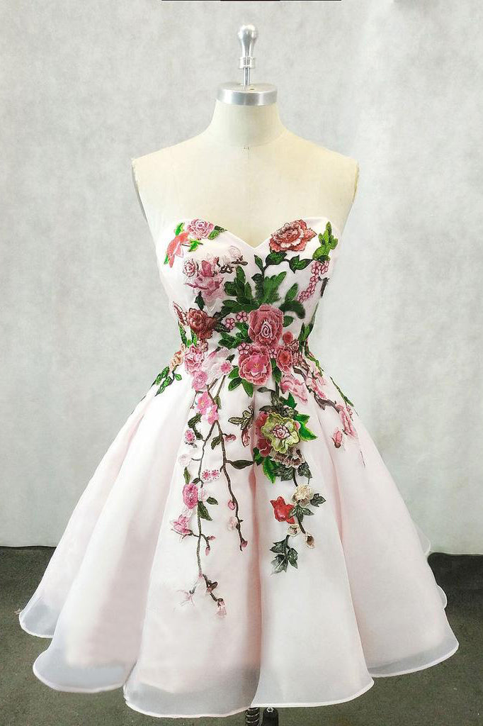 A Line Straps Sweetheart Pink Homecoming Dresses with Floral Print, Short Prom Dress PW826