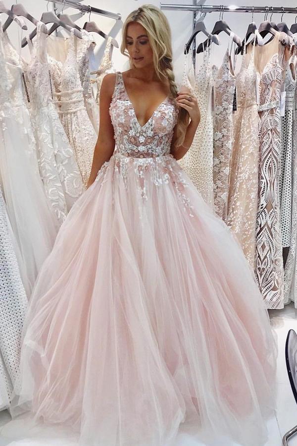 A Line Tulle V Neck Prom Dresses Beads Pink Lace Appliques Backless Evening Dresses PW533