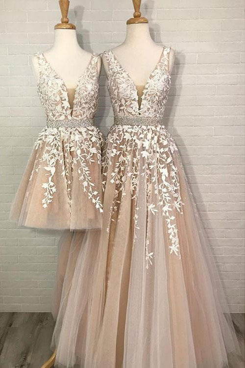 A Line Tulle V Neck Straps Lace Appliques Prom Dresses, Long Party Dresses P1013