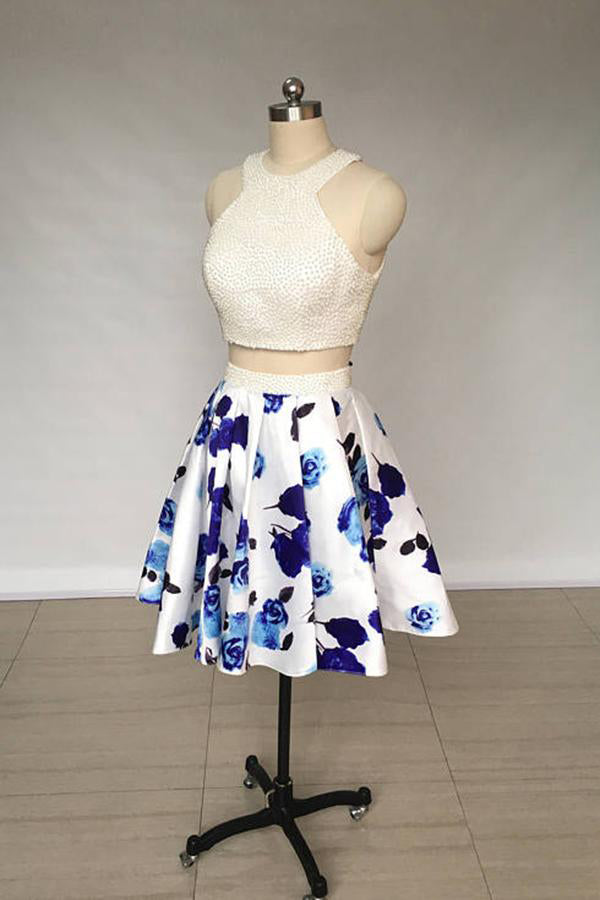 A Line Two Piece Ivory Jewel Floral Print Satin Short Homecoming Dress with Pearls PW818