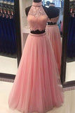 A Line Two Pieces Halter Long Pink Tulle Backless Prom Dress with Beading Lace P1073