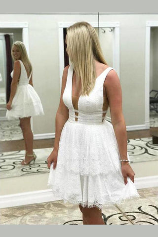 A Line V Neck Lace Short Mini Tiered Prom Dresses, White Above Knee Homecoming Dress H1079