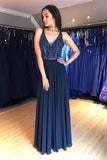 A Line V Neck Lace up Navy Blue Chiffon Long Prom Dresses with Beads, Party Dresses P1007